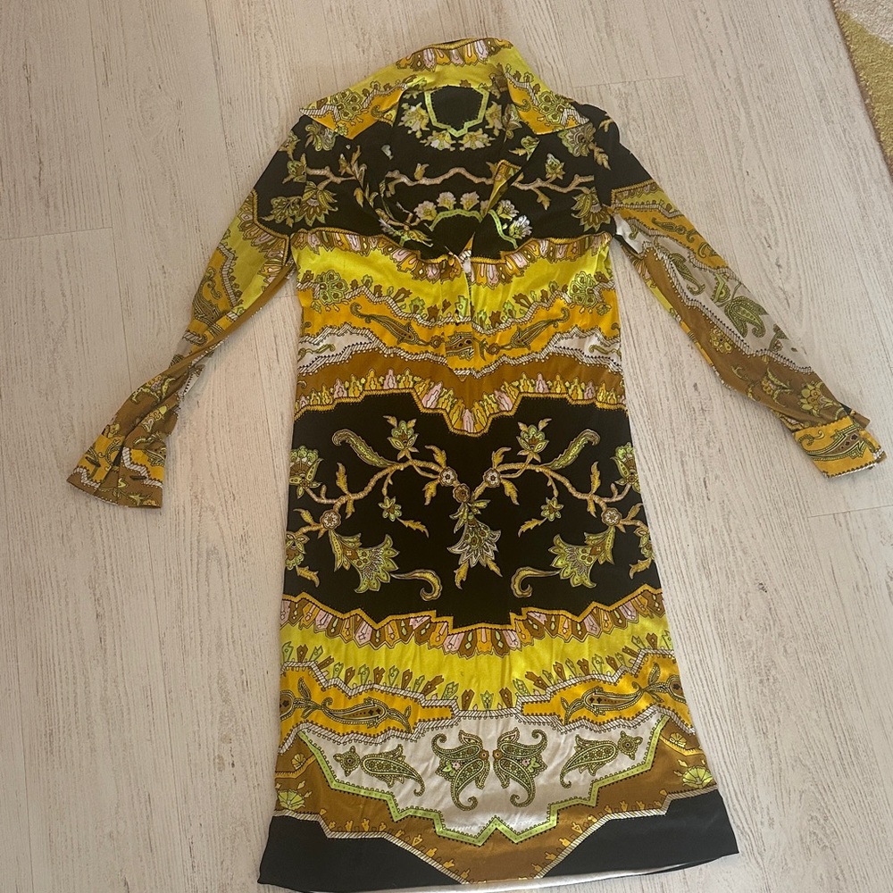 Vintage Yellow, Black & Brown Paisley Floral Long Sleeve Dress